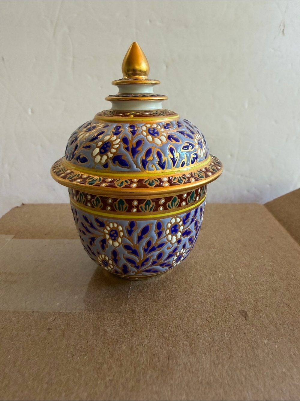 Authentic Thai Hand Painted Benjarong Porcelain Jar Bowl With Lid